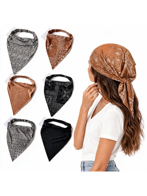 6 Pack Boho Triangle Head Scarves for Women, Elastic Paisley Printed Head Wraps, Large Triangle Bandana Hair Scarf Headbands