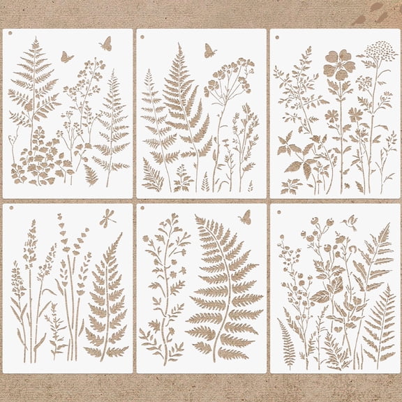 6 Pack Botanical Wall Stencil Kit for Painting - Large Reusable Plastic Fern Leaf & Flower Templates DIY Seamless Stencils for Crafts Canvas & Home DéCor Art
