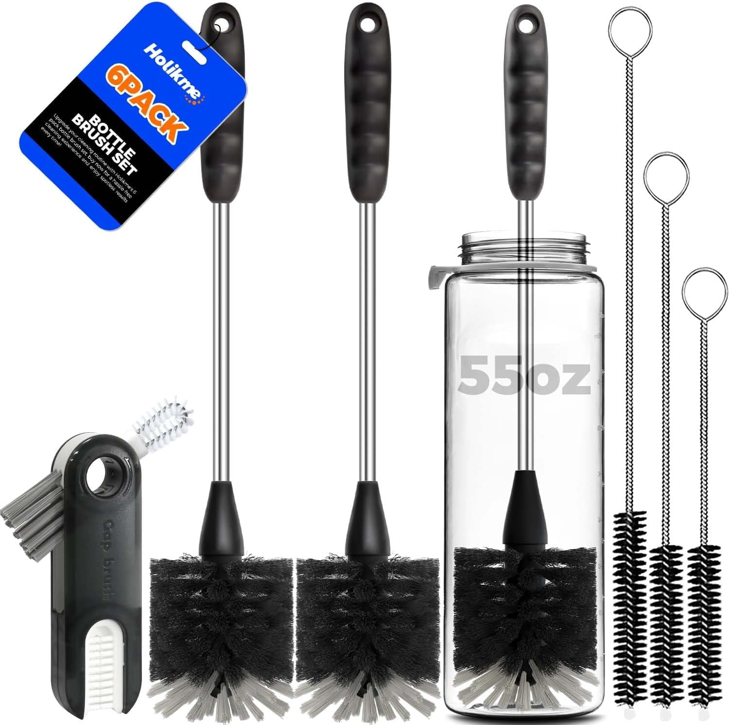 6 Pack Bottle Brush Set, 14" Long Handle Stainless Steel Bottle Cleaner Brush, 3 Straw Brushes, 3-in-1 Bottle Cleaning Brush for Water Bottle, Antistatic Lab Brushes, Straws Black
