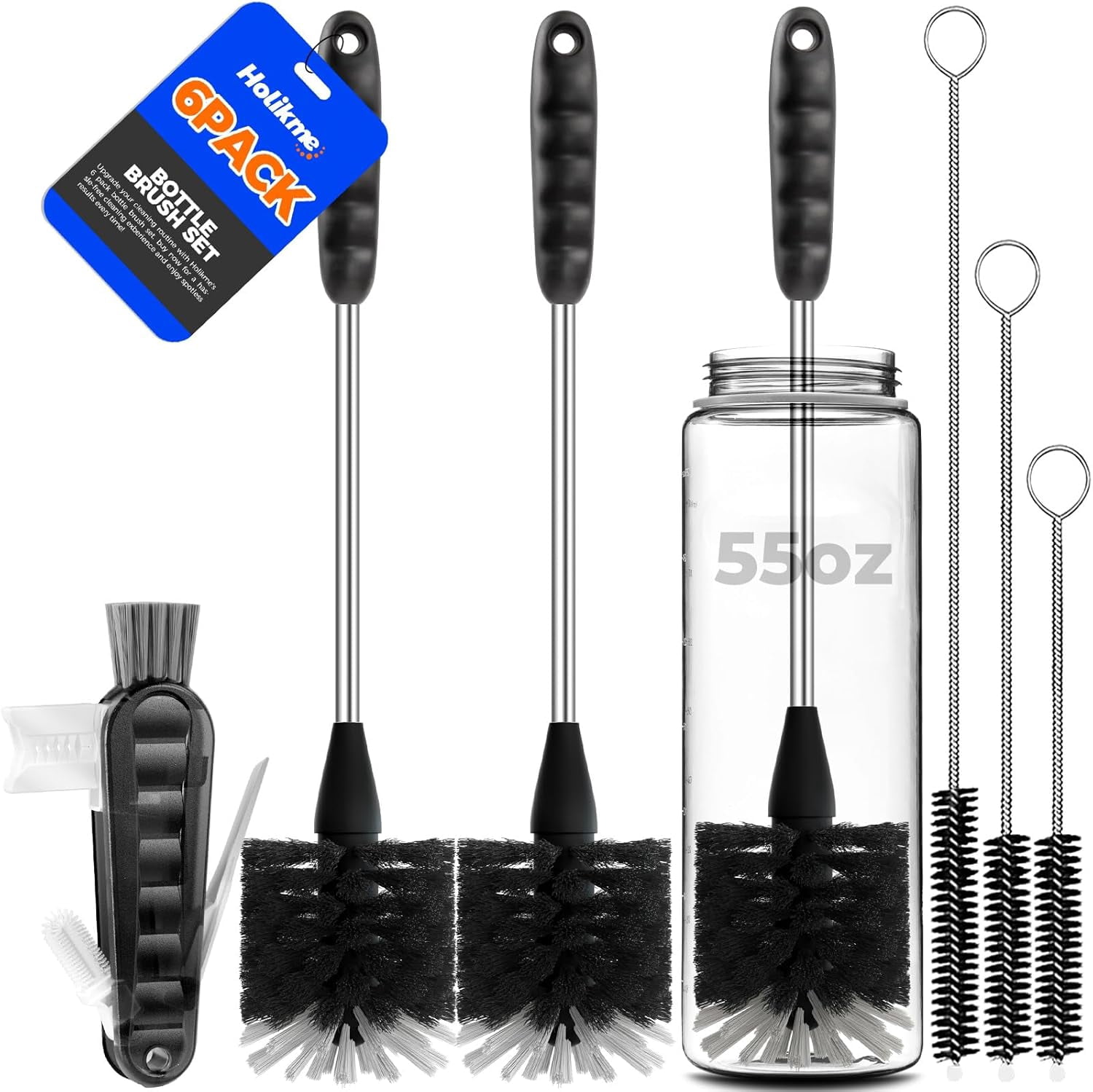 6 Pack Bottle Brush Set, 14" Long Handle Stainless Steel Bottle Cleaner Brush, 3 Straw Brushes, 3-in-1 Bottle Cleaning Brush for Water Bottle, Antistatic Lab Brushes, Straws Black