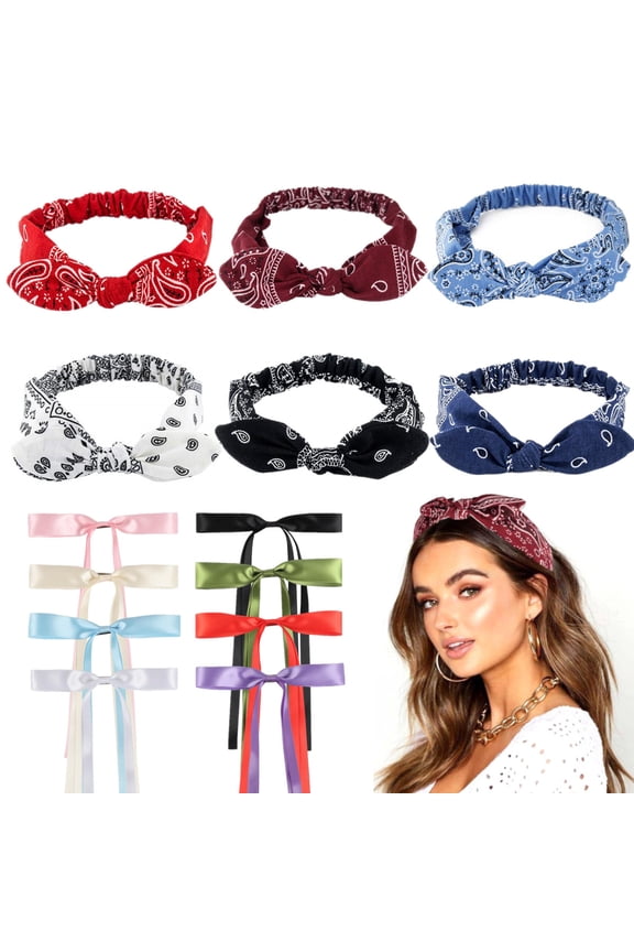 6 Pack Bow Headbands Paisley Prints Boho Bandana Headband Rabbit Ears Head Wraps for Women and Girls with 8pcs Bowknot Hair Clips