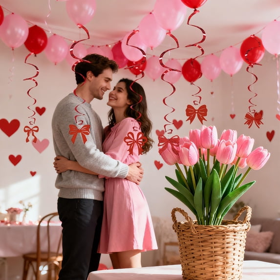 6-Pack Bow Swirl Ceiling Decorations - Heart & Bow Hanging Party Supplies for Wedding, Valentine's Day, Birthday | Multicolor Spiral Streamers