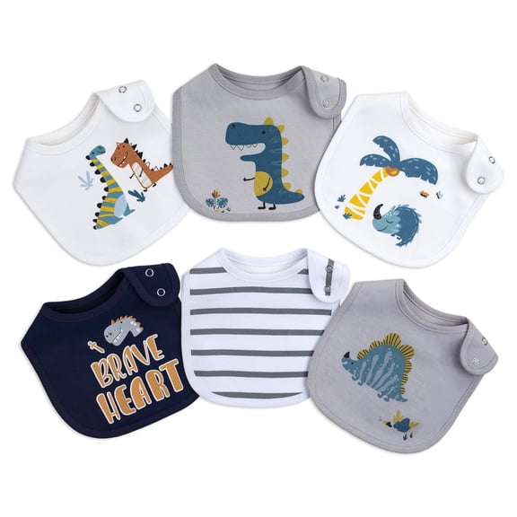 6 Pack Boys Baby Drool Bibs, Double-Sided Cotton Waterproof TPU Teething Bibs, Adjustable 2-Snap Cartoon Dinosaur Absorbent Feeding Bib Set for Toddler Boys