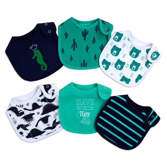 6 Pack Boys Baby Drool Bibs, Double-Sided Cotton Waterproof TPU Teething Bibs, Adjustable 2-Snap Dinosaur Seahorse Cactus Absorbent Feeding Bib Set for Toddler Boys
