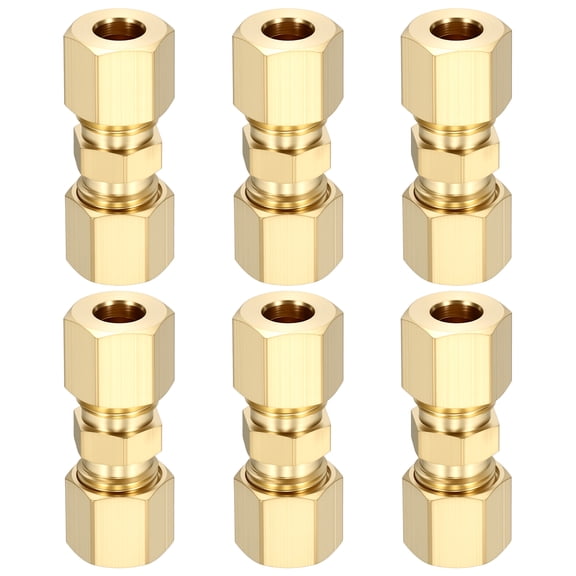 6 Pack Brass Compression Tube Pipe Fitting, 1/4" OD Compression Union Connector, Straight Coupling Adapter Pipe Fitting with Double Ferrules for Air, Water, Oil, Gas