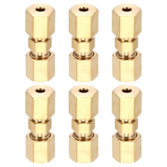 6 Pack Brass Compression Tube Pipe Fitting, 1/8" OD Compression Union Connector, Straight Coupling Adapter Pipe Fitting with Double Ferrules for Air, Water, Oil, Gas