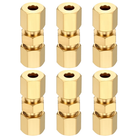 6 Pack Brass Compression Tube Pipe Fitting, 3/16" OD Compression Union Connector, Straight Coupling Adapter Pipe Fitting with Double Ferrules for Air, Water, Oil, Gas