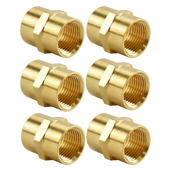 (6 Pack) Brass Coupler Reducer Adapter, 3/8" NPT Female x 3/8" NPT Female Hex Nipple, Pipe Fitting