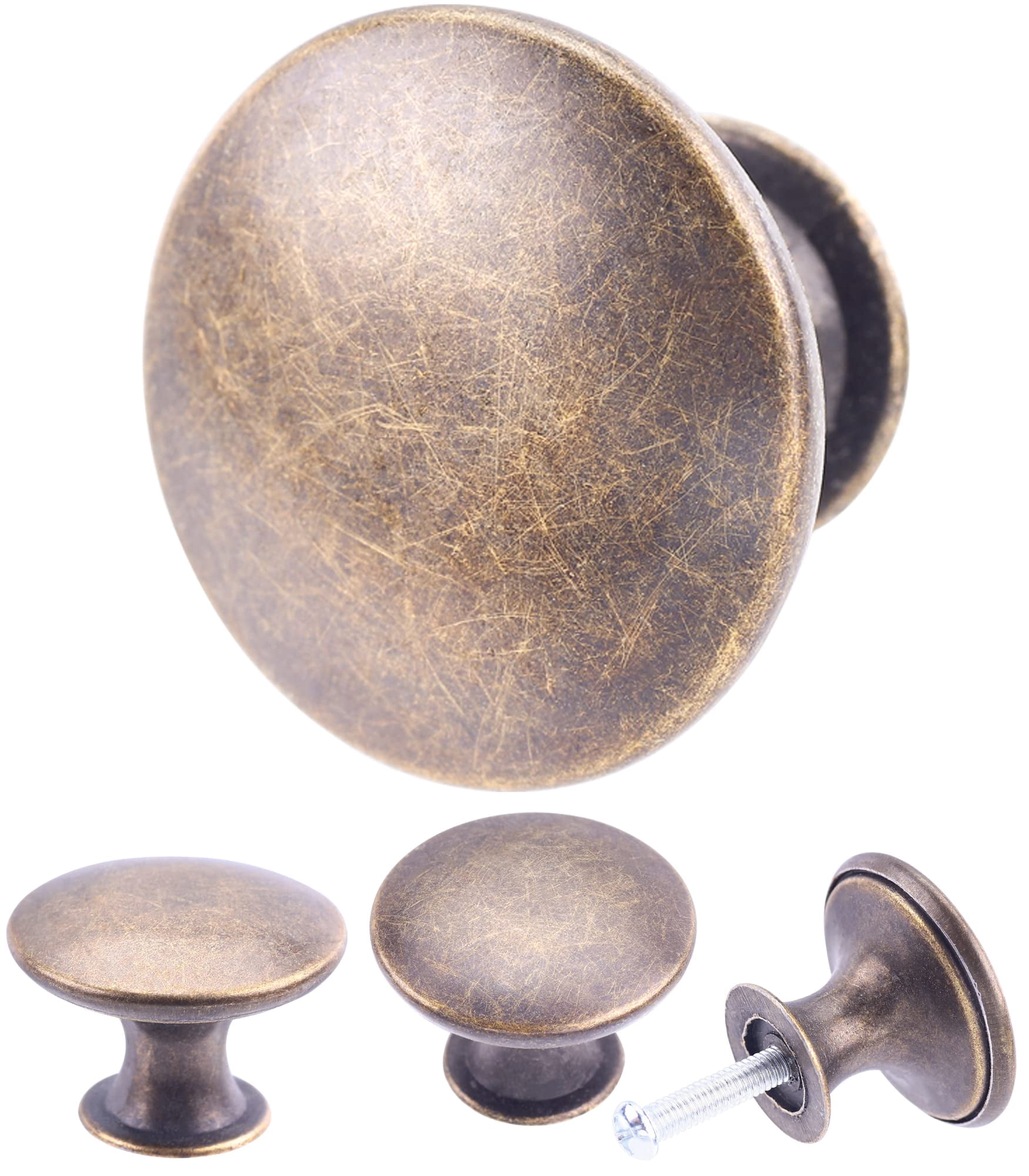 6 Pack Brass Round Antique Brass Kitchen Cabinet Knobs Cupboard Door Knobs Drawer Handle Pulls Dresser Knobs with 7 Pcs Screws for Bathroom Drawer Door Hardware