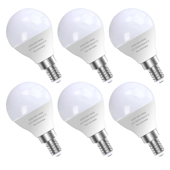 6 Pack Bright Ceiling Fan Light Bulbs, 120V 6 Watts (60 Watts Equivalent), 5000K E12 A15 Shape Candelabra Base Chandelier Led Bulb, Non-Dimmable