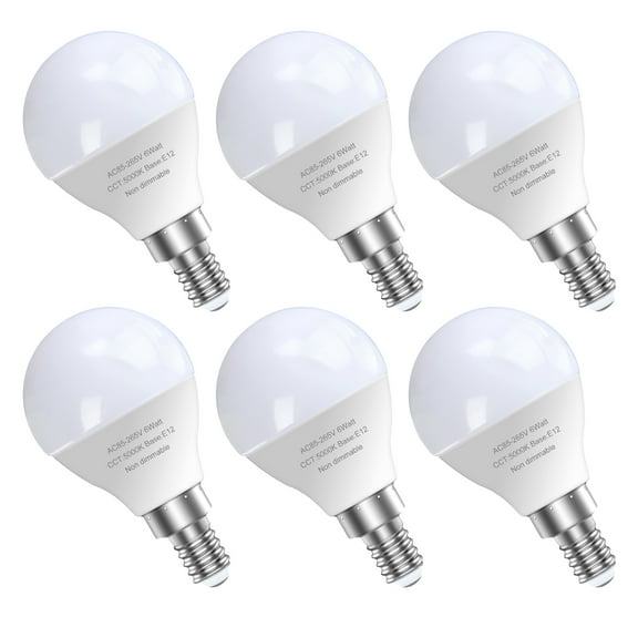 6 Pack Bright Ceiling Fan Light Bulbs, 120V 60 Watt Equivalent, 5000K E12 A15 Shape Candelabra Base Chandelier Led Bulb, Non-Dimmable