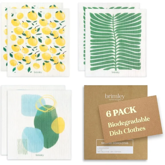 6 Pack Brimley Reusable Swedish Dishcloths For Kitchen (Lemon Print)