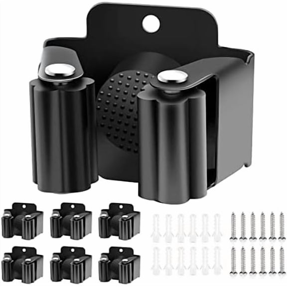 6 Pack Broom Holder, Stainless Steel Command Broom Holder with Screws, Garden Tool Rack for Kitchen, Home, Bathroom, Garage Storage, Black