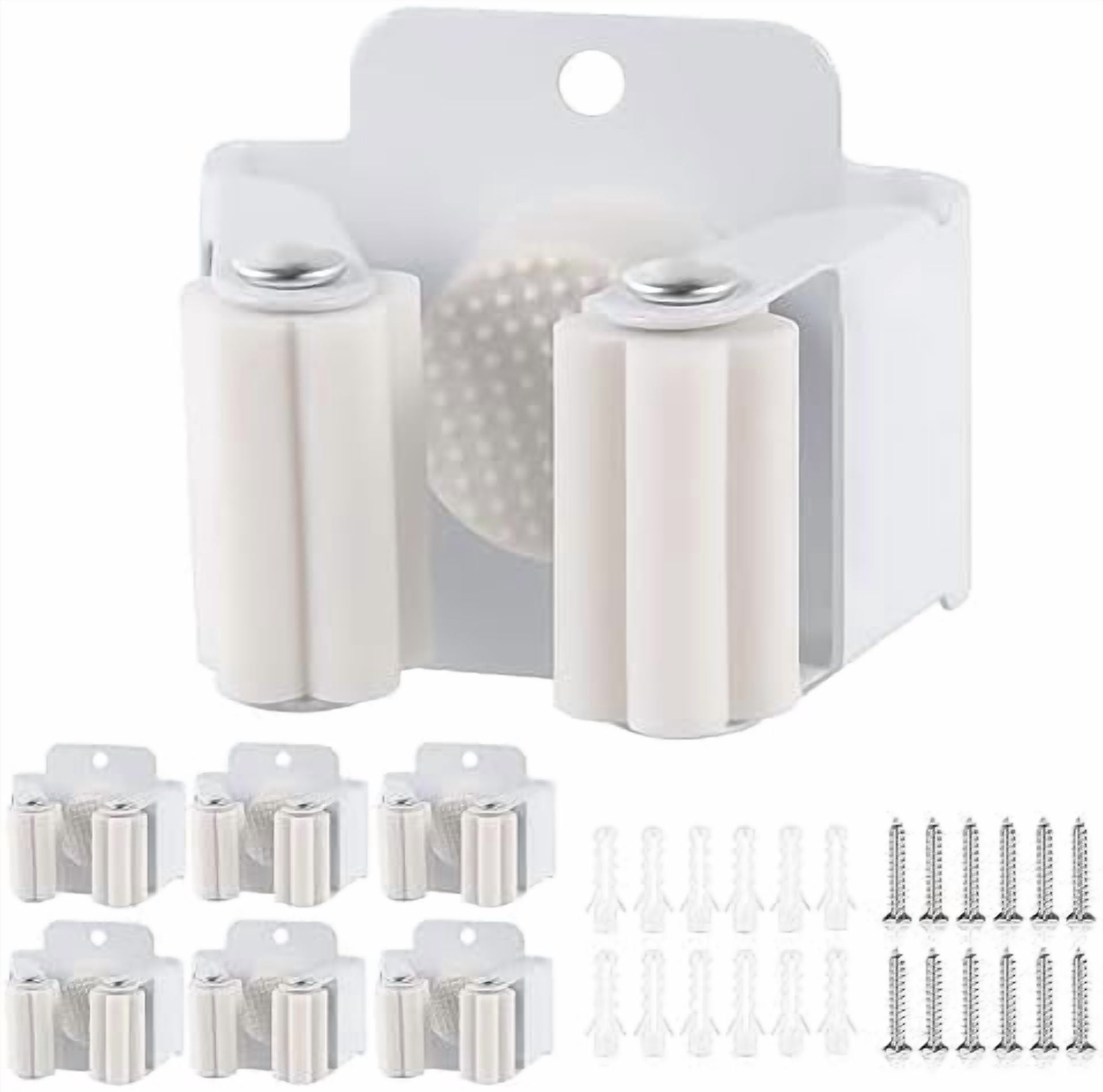 6 Pack Broom Holder Wall Mount, Mop and Broom Holder Wall Mount, Stainless Steel Command Mop Holder with Screws, Garden Tool Storage Organizer for Kitchen, Home, Bathroom, Garage, White