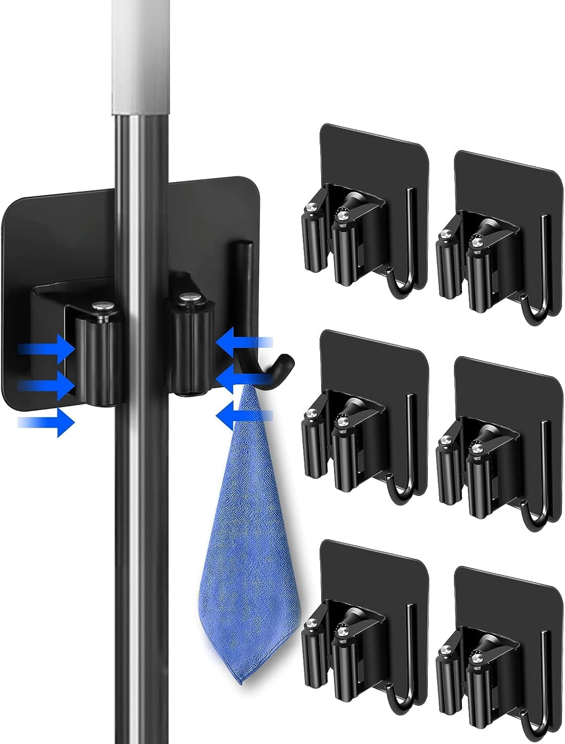 6Pack Broom Mop Holder, Black Stainless Steel Self Adhesive Broom