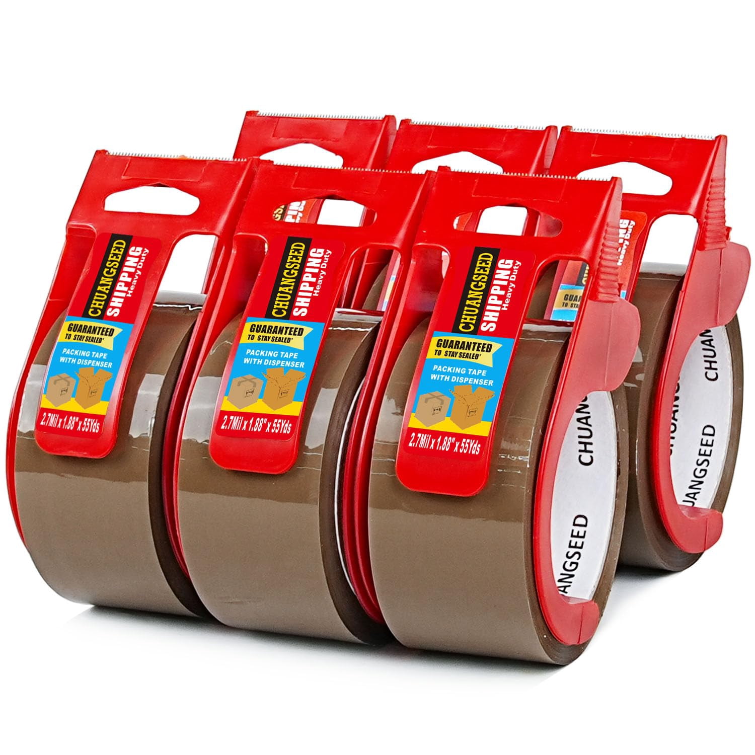 6-Pack Brown Packing Tape with Dispenser -2.7mil x 1.88" x 55Y Heavy Duty Packing Tape for Moving Boxes-Moving Tape Strong Adhesive Packaging Tape