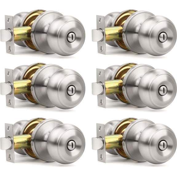 6 Pack Brushed Nickel Privacy Door Knobs Interior, Classic Round Shape Stain Nickel Closet Doorknobs with Non-Locking, Keyless Modern Design Door Lockset for Closet and Hallways