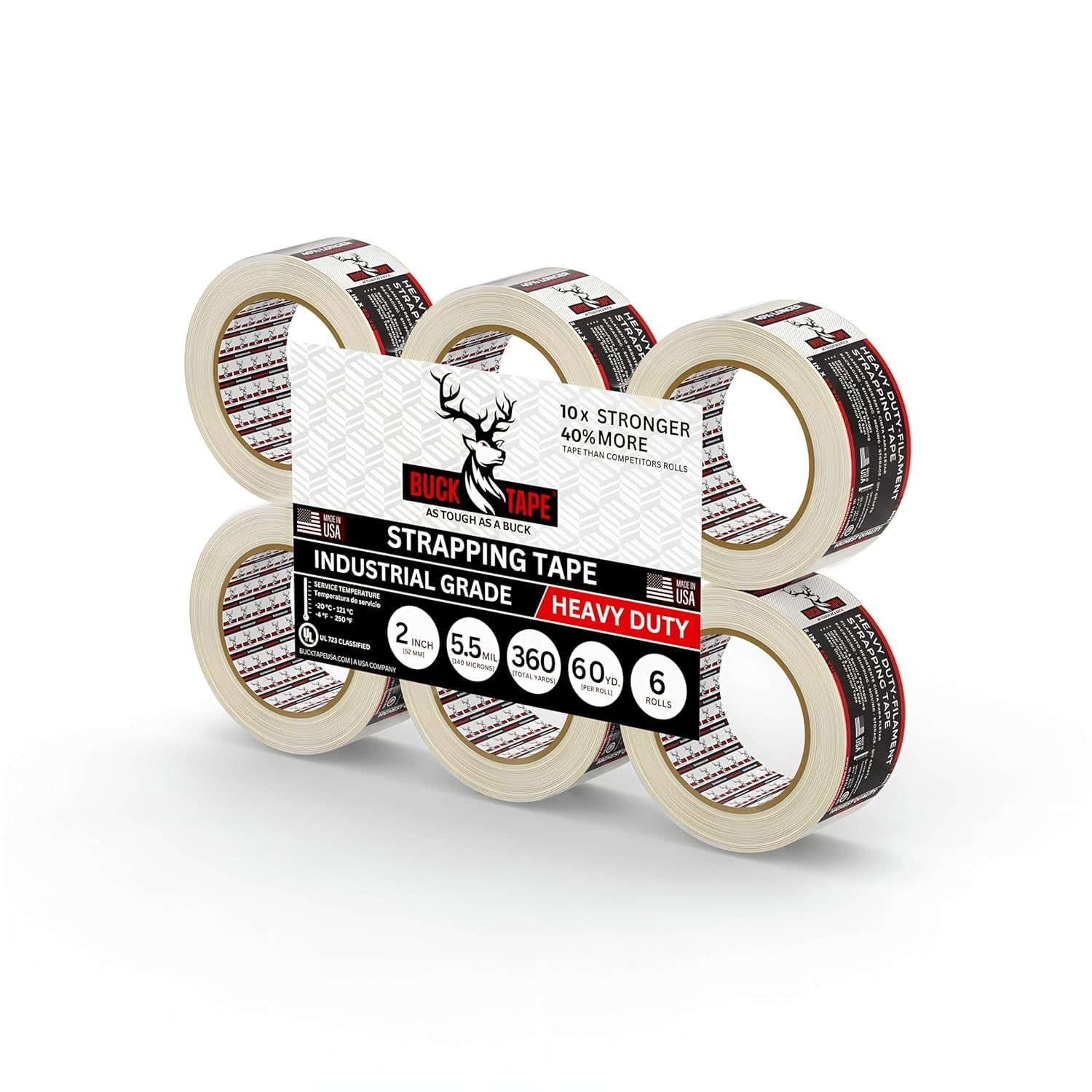 6 Pack Buck Strapping Tape 2 Inch x 60 Yds (180ft) - 5.5Mil Thickness, Heavy Duty Industrial Grade Mono Directional Fiberglass Reinforced Filament Tape with Synthetic PET Adhesive for Secure Packing