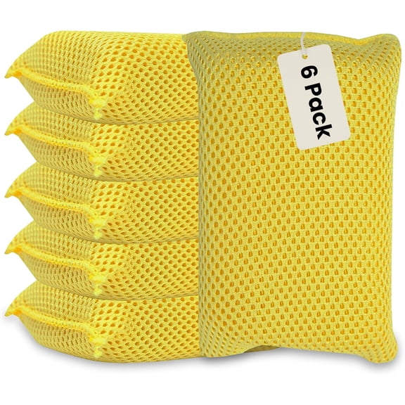 6-Pack Bug Scrubber Sponge 5.9x3.5-Inch Yellow Microfiber Large Car Wash Reusable for Paint Chrome Glass RV Motorcycle Cleaning