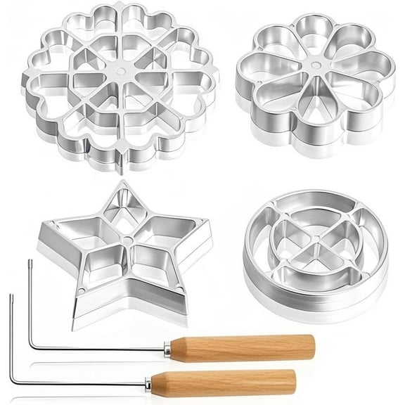 6 Pack Bunuelos Molds with Handles, Rosette Timbale Iron Set with 2 Interchangeable Heads, Aluminum Alloy Waffle Molds for Kitchen Baking, Lotus Star Cooking Stamp Houseware Tool