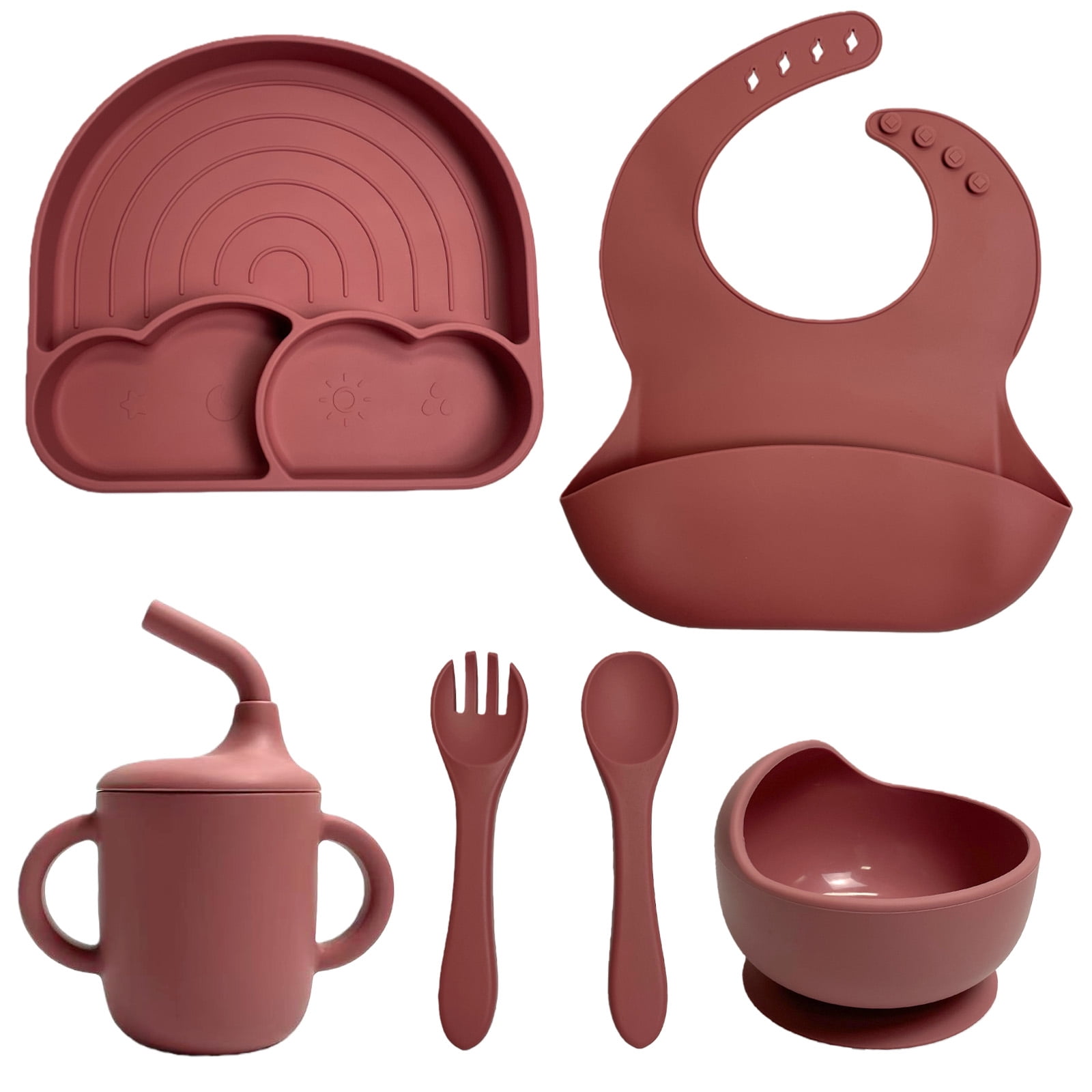 6 Pack Burgundy Rainbow Silicone Baby Feeding Set, Toddler Self Feeding Supplies For Infants 6+ Months
