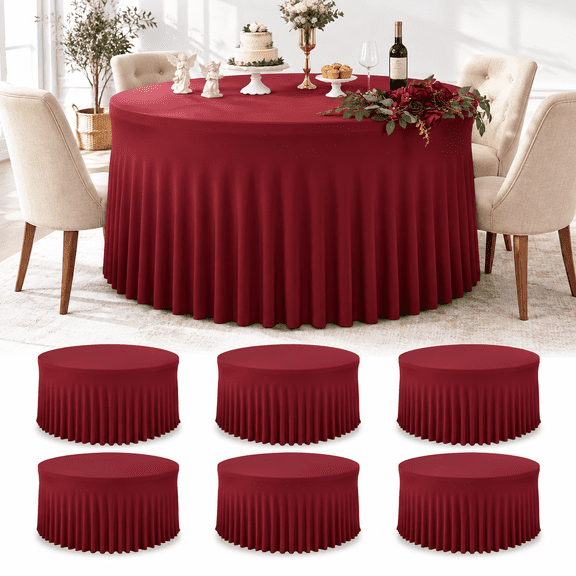 6 Pack Burgundy Spandex Round Tablecloths For 72in Table Stretchy 132inch Fitted 6ft Cloths Wrinkle Free Maroon Cover With Skirt
