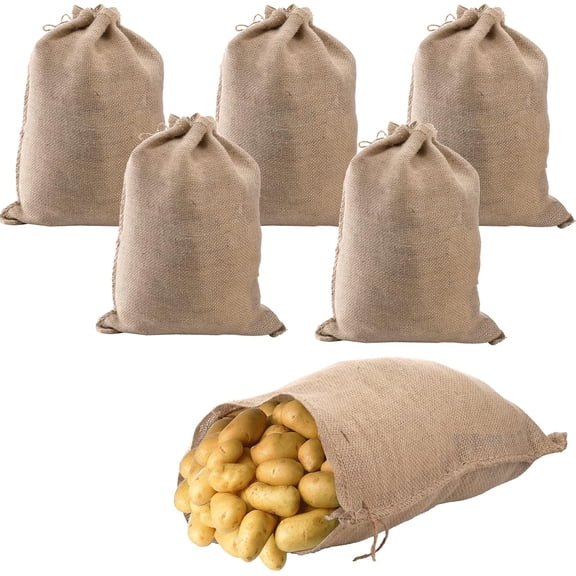 6 Pack Burlap Bags with Drawstring, 18" x 24" Natural Jute Potato Sacks, Reusable Root Vegetable Storage Bags, Strong Race Bags for Kids, Perfect Birthday Party Game