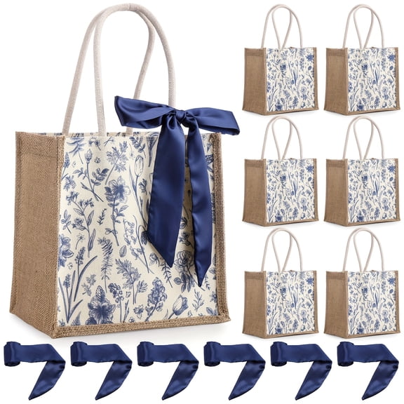 6 Pack Burlap Bridesmaid Gift Bags with Rope Handles and Ribbon, Blue Floral Jute Tote Bags for Wedding Favor Gift Packaging Bridal Shower Bachelorette Party Reusable Party Gift Bags