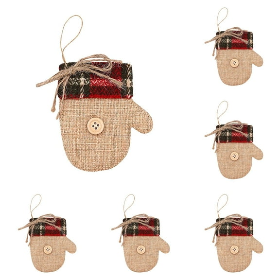 6-Pack Burlap Mitten Christmas Ornaments - Rustic Winter Glove Shape Tree Hangers with Red Gingham for Holiday Decor (8cm/3.15in)