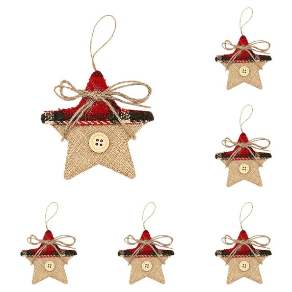 6-Pack Burlap Star Christmas Ornaments - Rustic Farmhouse Star Shape Tree Hangers with Red Gingham Accents for Holiday Decor (8cm/3.15in)