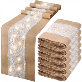 6 Pack Burlap Table Runner with LED Lights Lace Rustic Natural Boho Runner for Farmhouse Wedding Decor 12x108 Inches