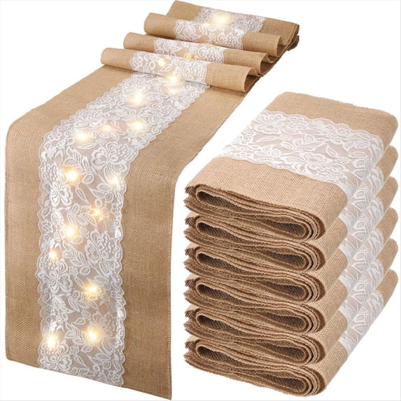 6 Pack Burlap Table Runner with LED Lights Lace Rustic Natural Boho ...