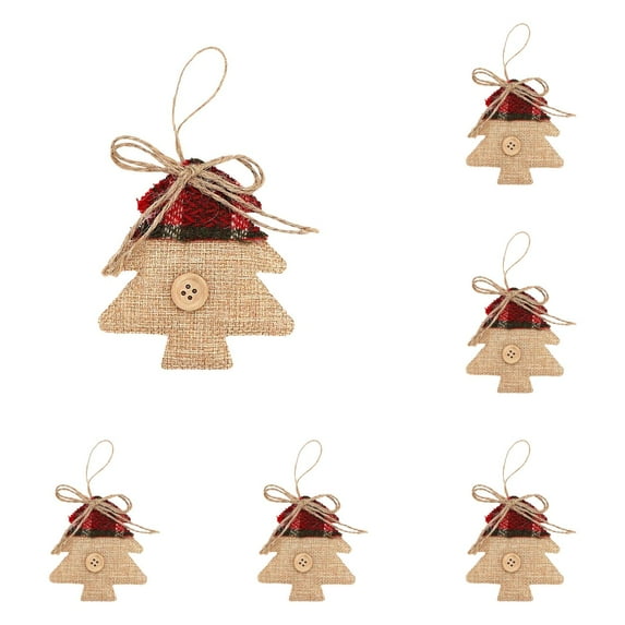 6-Pack Burlap Tree Christmas Ornaments - Rustic Evergreen Tree Shape Hangers with Red Gingham Topper for Holiday Decor (8cm/3.15in)