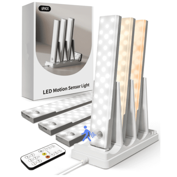 6-Pack Under Cabinet Lighting with Charging Station, 2000mAh Rechargeable Wireless Motion Sensor Lights, 3 Color Temps, Dimmable, Timer, Magnetic, with Remote Control for Kitchen, Closet, Stair