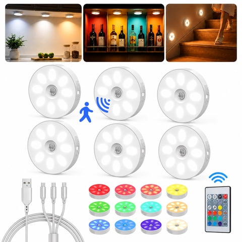 1000mAh Rechargeable Puck Lights with Remote, Motion Sensor Under Cabinet Lighting, 3 Color Temps & 12 RGB Colors, Dimmable Magnetic LED Stick-On Shelf Lights for Kitchen Closet Stairs, 6-Pack