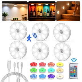 1000mAh Rechargeable Puck Lights with Remote, Motion Sensor Under Cabinet Lighting, 3 Color Temps & 12 RGB Colors, Dimmable Magnetic LED Stick-On Shelf Lights for Kitchen Closet Stairs, 6-Pack
