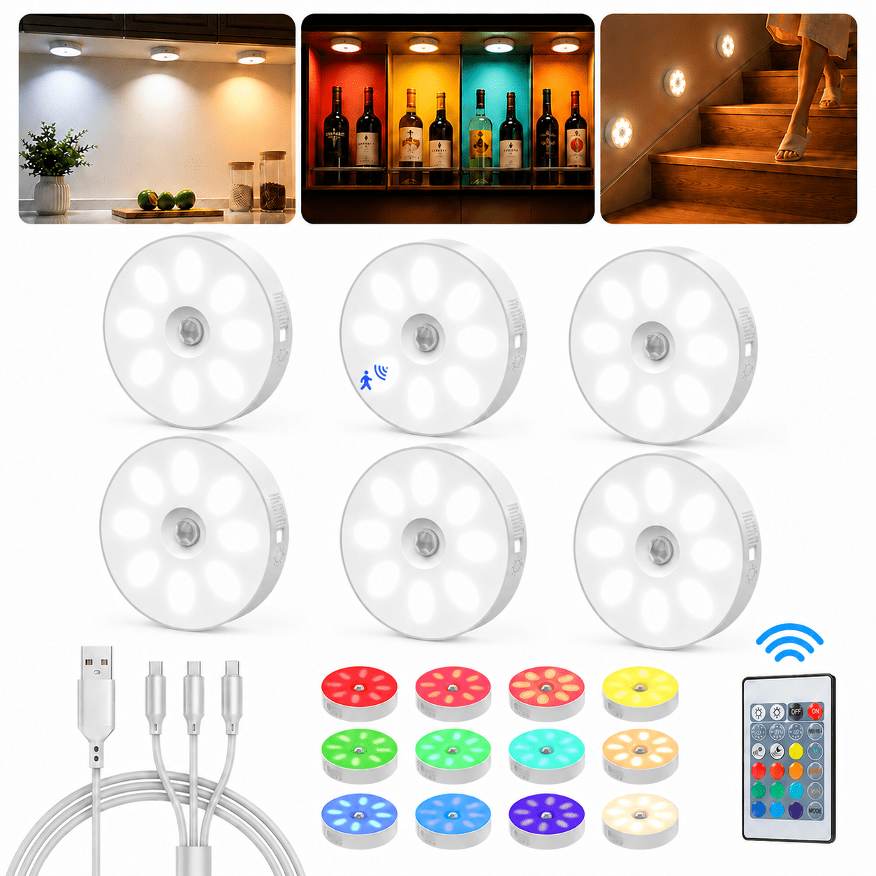 1000mAh Rechargeable Puck Lights with Remote, Motion Sensor Under Cabinet Lighting, 3 Color Temps & 12 RGB Colors, Dimmable Magnetic LED Stick-On Shelf Lights for Kitchen Closet Stairs, 6-Pack
