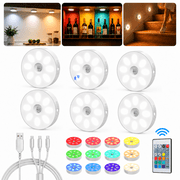 1000mAh Rechargeable Puck Lights with Remote, Motion Sensor Under Cabinet Lighting, 3 Color Temps & 12 RGB Colors, Dimmable Magnetic LED Stick-On Shelf Lights for Kitchen Closet Stairs, 6-Pack