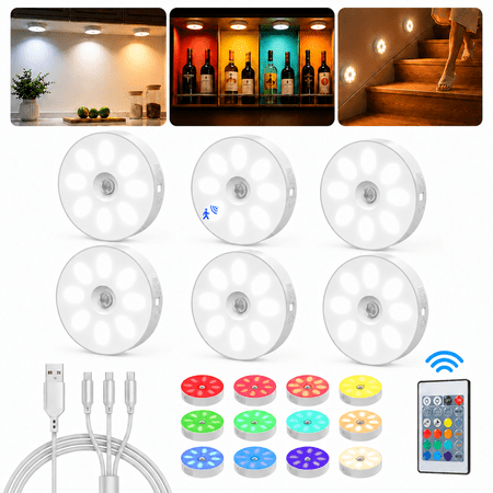 1000mAh Rechargeable Puck Lights with Remote, Motion Sensor Under Cabinet Lighting, 3 Color Temps & 12 RGB Colors, Dimmable Magnetic LED Stick-On Shelf Lights for Kitchen Closet Stairs, 6-Pack price history and forecast - COSJM GYD003