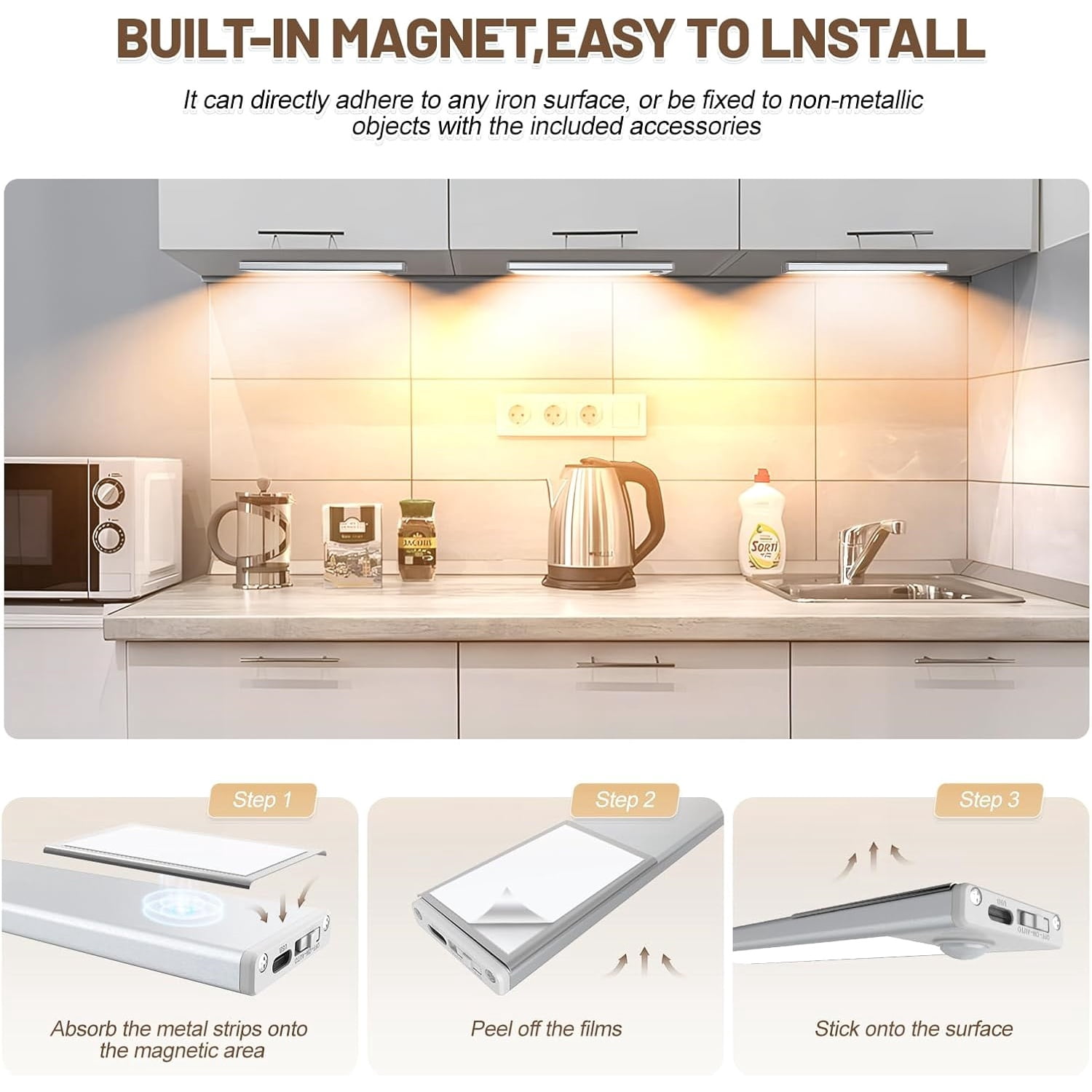 6 Pack Under Cabinet Lights Wireless, 58 LED Motion Sensor Light Indoor Rechargeable Magnetic Closet Lights Battery Operated, Under Counter Lights for Kitchen, Wardrobe, Stairs, Warm Light