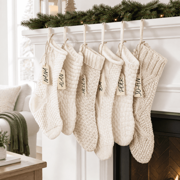 6 Pack Cable Knit Christmas Stockings, Khaki and Cream, 2 15-inch and 4 18-inch