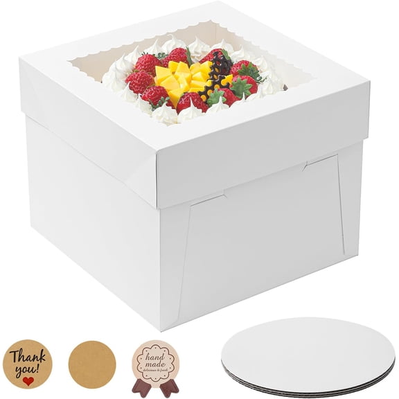 6 Pack Cake Boxes 10x10x8 Inches Tall with Cake Boards, White Bakery Boxes with Window, Disposable Cake Containers with Lids for Cake, Donuts, Pies, Cookies, Wedding, Birthday and Party