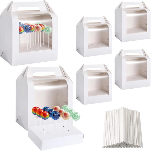 6 Pack Cake Pop Boxes Packaging with Sticks Set, 18 Holes Cakes Pops Holder, Cakesicle Display Stand with Window, Portable Cake Pop Holder Boxes for Wedding Birthday Baby Shower Party