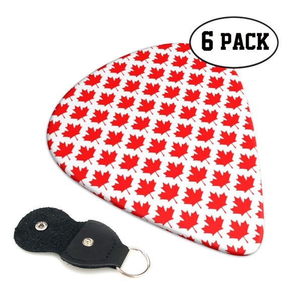 6 Pack Canada Maple Leaf Pattern Guitar Picks In Leather Picks Holder For Bass Electric Acoustic Guitars