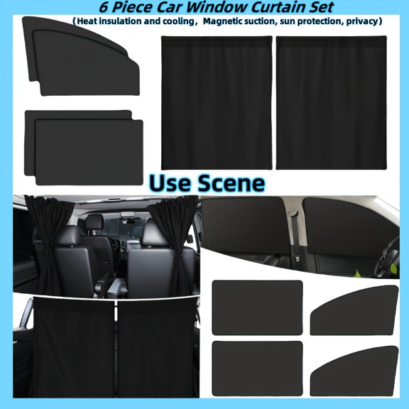 6 Pack Car Camping Privacy Curtain Set, 4 Sun Shades + 2 Middle Partition Curtains, UV Protection Lightweight Portable Window Cover for Car Travel Rest