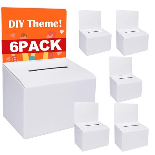 6 Pack Cardboard Ballot Box with Slot, White Glossy Raffle Boxes 6.5x4.5x4.5Inch, Suggestion Boxes with Removable Slot,Donation Boxes for Fundraising, Collecting Card and Voting Contest