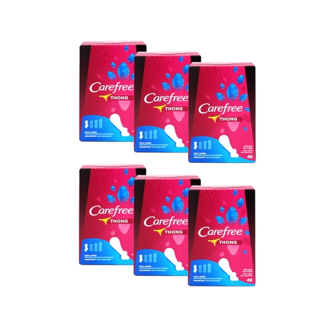 6 Pack Carefree Thong Panty Liners with Wings, Regular, Unscented, 49