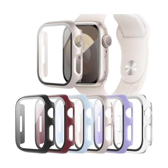 6-Pack Case Compatible with Apple Watch Series 9 8 7 41mm with Tempered Glass Screen Protector, Ultra-Thin Hard PC Full Protective Face Cover Bumper for iWatch 41 mm