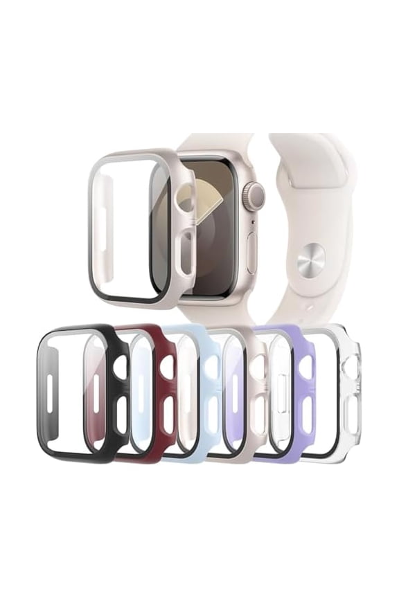 6-Pack Case Compatible with Apple Watch Series 9 8 7 41mm with Tempered Glass Screen Protector, Ultra-Thin Hard PC Full Protective Face Cover Bumper for iWatch 41 mm