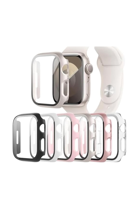 6-Pack Case Compatible with Apple Watch Series 9 8 7 41mm with Tempered Glass Screen Protector, Ultra-Thin Hard PC Full Protective Face Cover Bumper for iWatch 41 mm